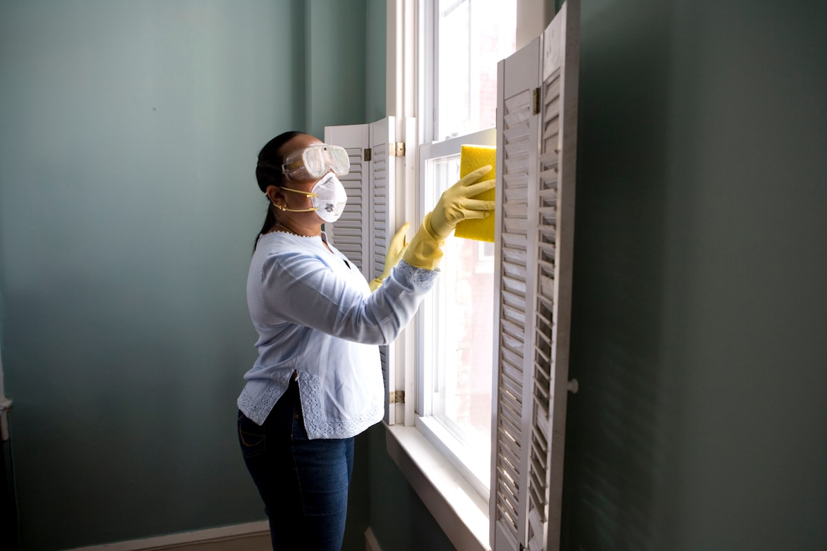 Profesional de limpieza trabajando en una sala luminosa